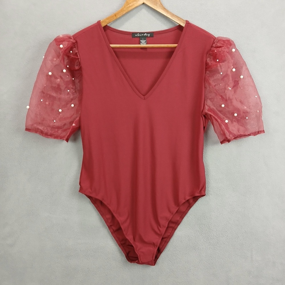 A Love Story Bodysuit Womens Large Red Glitter Stretch Puff Sleeve V Neck Modern